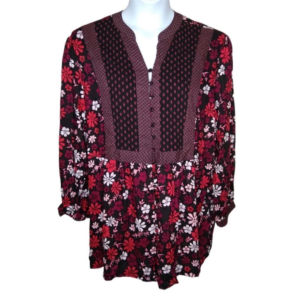 Woman Within Tunic Red Black Floral Button Down 1X 2X